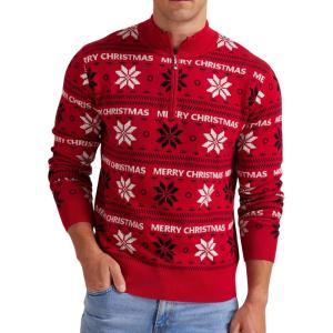 imageNITAGUT Mens Slim Fit Zip Up Mock Neck Polo Sweater Casual Long Sleeve Sweater and Pullover Sweaters with Ribbing EdgeZ Christmas Snowflake Red