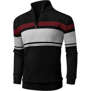 imageNITAGUT Mens Sweaters 14 Zip Up Striped Pullover Slim Fit Fall Winter Spring Long Sleeve Polo SweatersBlack