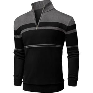 imageNITAGUT Mens Sweaters 14 Zip Up Striped Pullover Slim Fit Fall Winter Spring Long Sleeve Polo SweatersBlack Gray