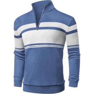 imageNITAGUT Mens Sweaters 14 Zip Up Striped Pullover Slim Fit Fall Winter Spring Long Sleeve Polo SweatersBlue