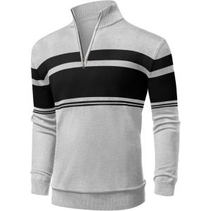 imageNITAGUT Mens Sweaters 14 Zip Up Striped Pullover Slim Fit Fall Winter Spring Long Sleeve Polo SweatersLight Gray