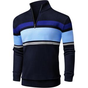 imageNITAGUT Mens Sweaters 14 Zip Up Striped Pullover Slim Fit Fall Winter Spring Long Sleeve Polo SweatersNavy Blue