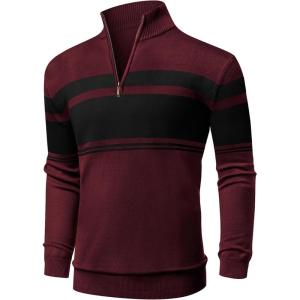 imageNITAGUT Mens Sweaters 14 Zip Up Striped Pullover Slim Fit Fall Winter Spring Long Sleeve Polo SweatersWine Red