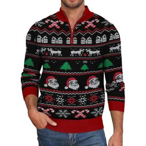 imageNITAGUT Mens Ugly Christmas Sweaters Funny Graphic Quarter Zip Sweaters Long Sleeve Knitted Pullover SweatersBlack Christmas