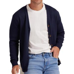 imageNITAGUT Mens Vintage Striped Long Sleeve Cardigan Sweater with Button V Neck Knitted SweatersNavy Blue