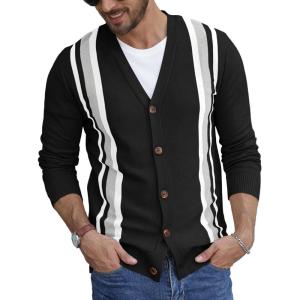 imageNITAGUT Mens Vintage Striped Long Sleeve Cardigan Sweater with Button V Neck Knitted SweatersStripe Black White Gray 3