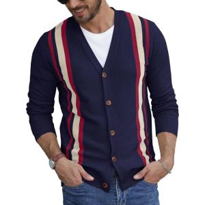 imageNITAGUT Mens Vintage Striped Long Sleeve Cardigan Sweater with Button V Neck Knitted SweatersStripe Blue Red Beige 3