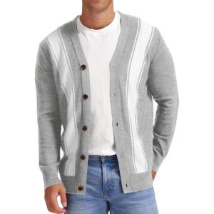 imageNITAGUT Mens Vintage Striped Long Sleeve Cardigan Sweater with Button V Neck Knitted SweatersStriped Gray White 2
