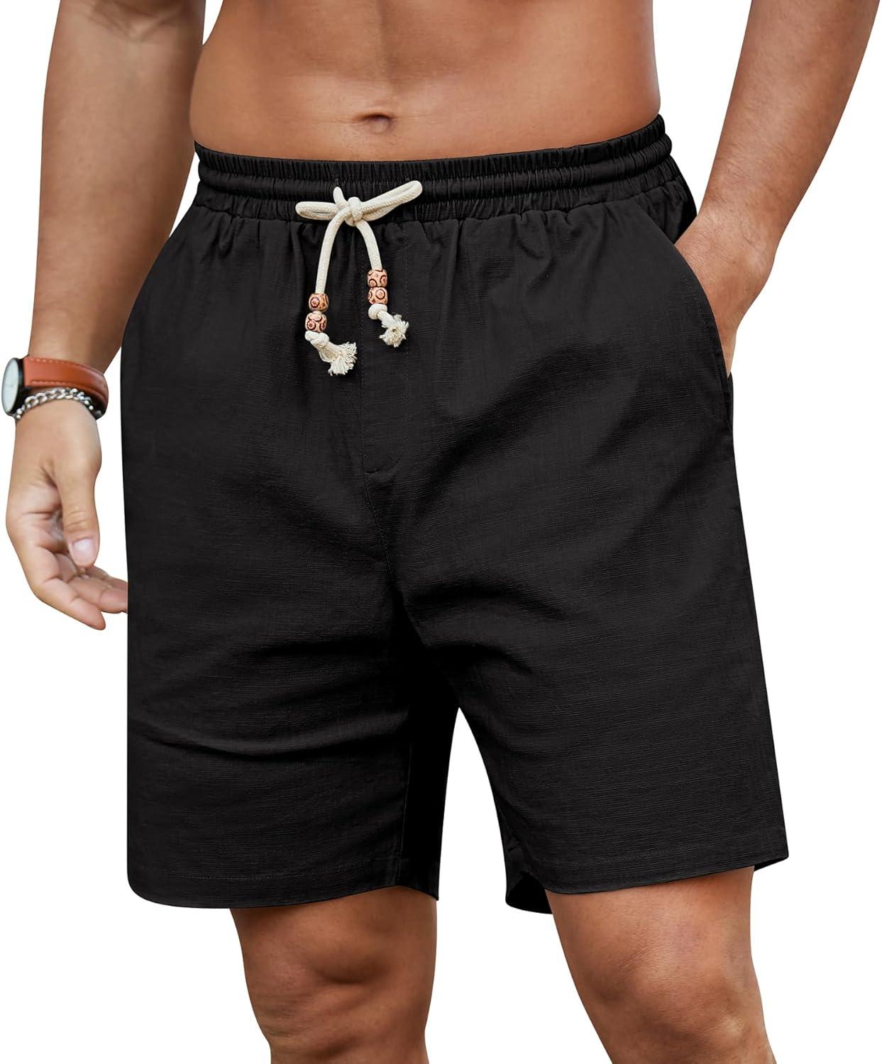 imageNITAGUT Mens Linen Shorts Classic Fit Short Elastic Waist Drawstring Summer Beach ShortsBlack