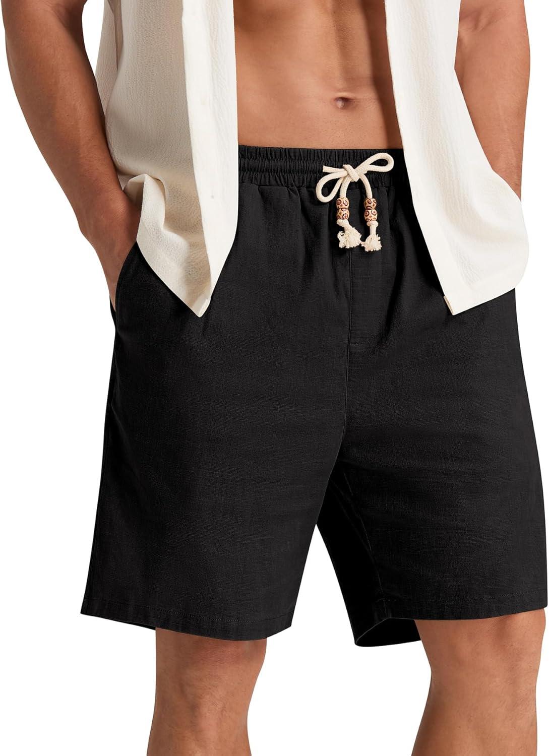 imageNITAGUT Mens Linen Shorts Classic Fit Short Elastic Waist Drawstring Summer Beach ShortsBlack