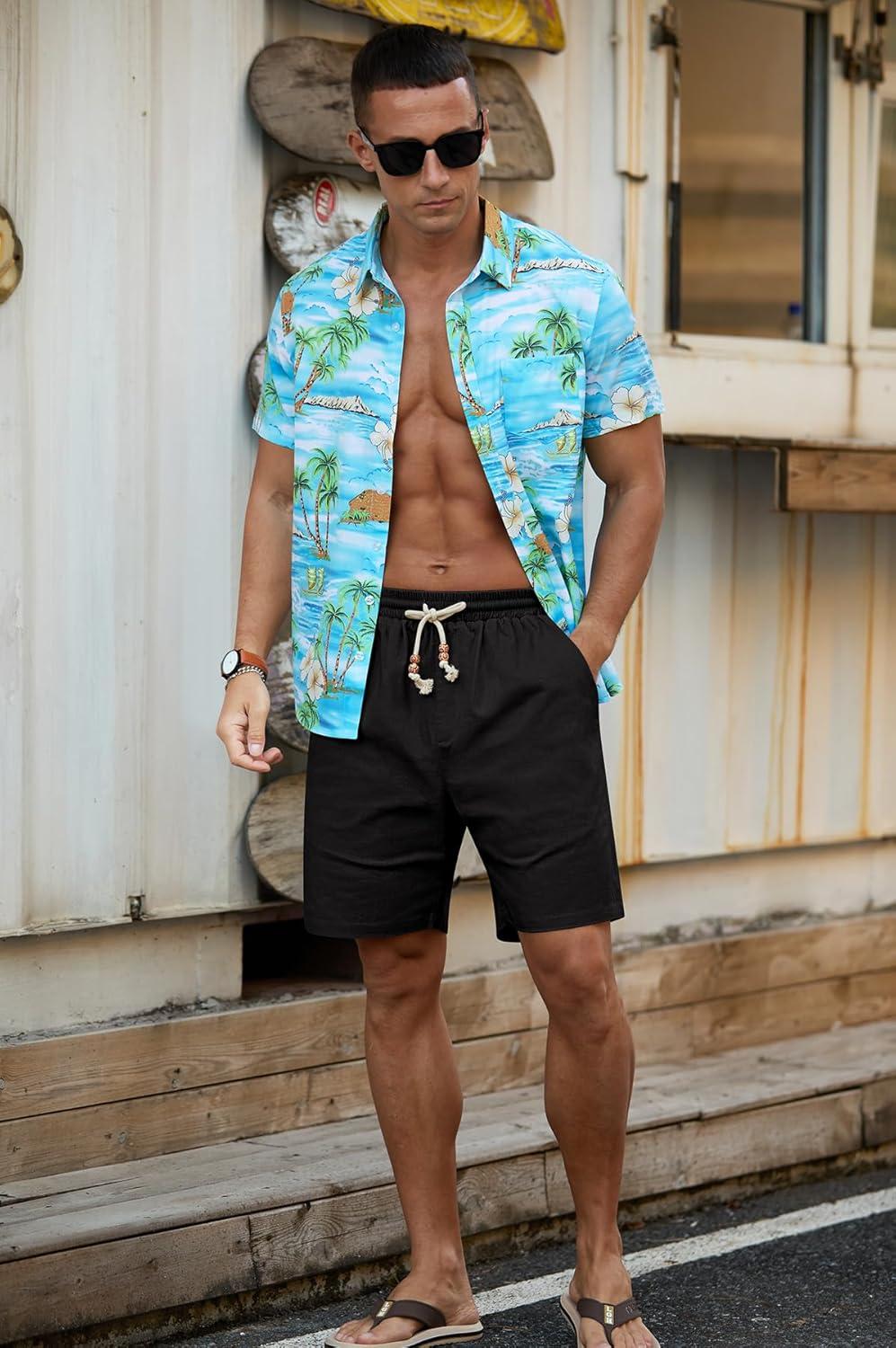 imageNITAGUT Mens Linen Shorts Classic Fit Short Elastic Waist Drawstring Summer Beach ShortsBlack