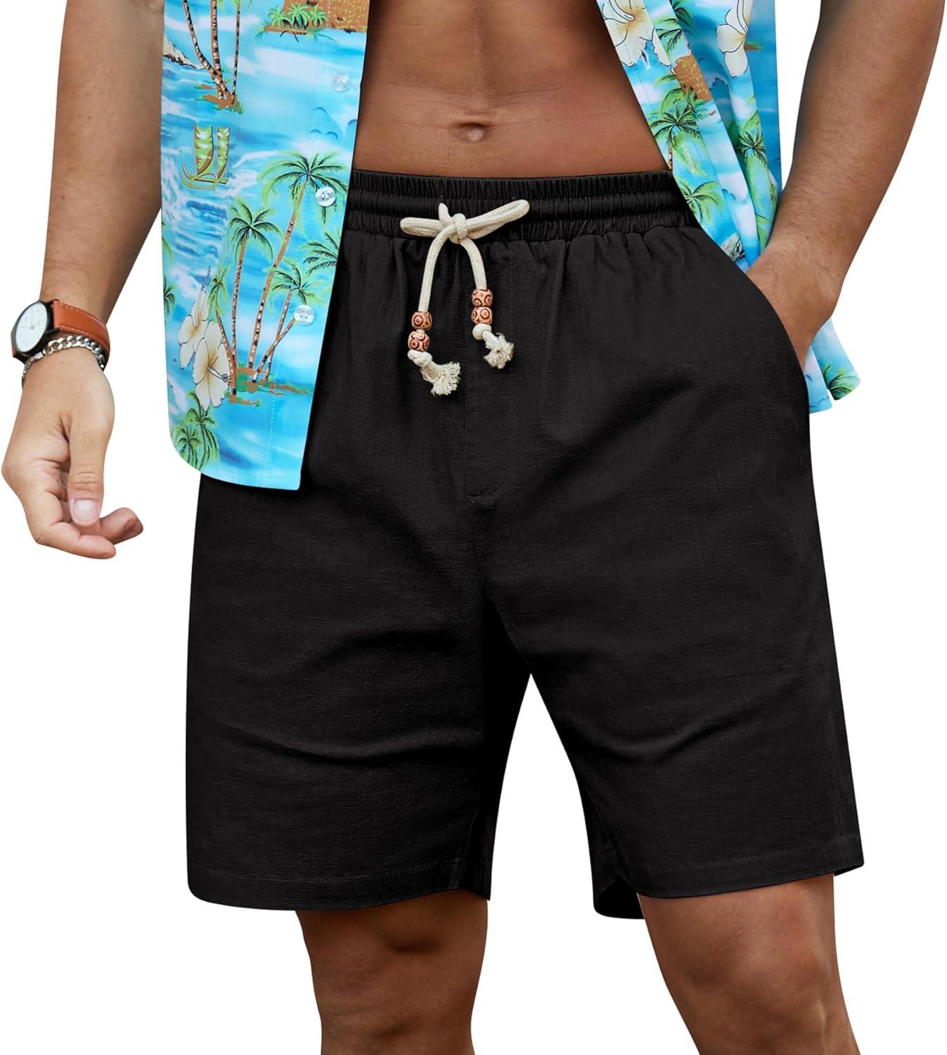 imageNITAGUT Mens Linen Shorts Classic Fit Short Elastic Waist Drawstring Summer Beach ShortsBlack