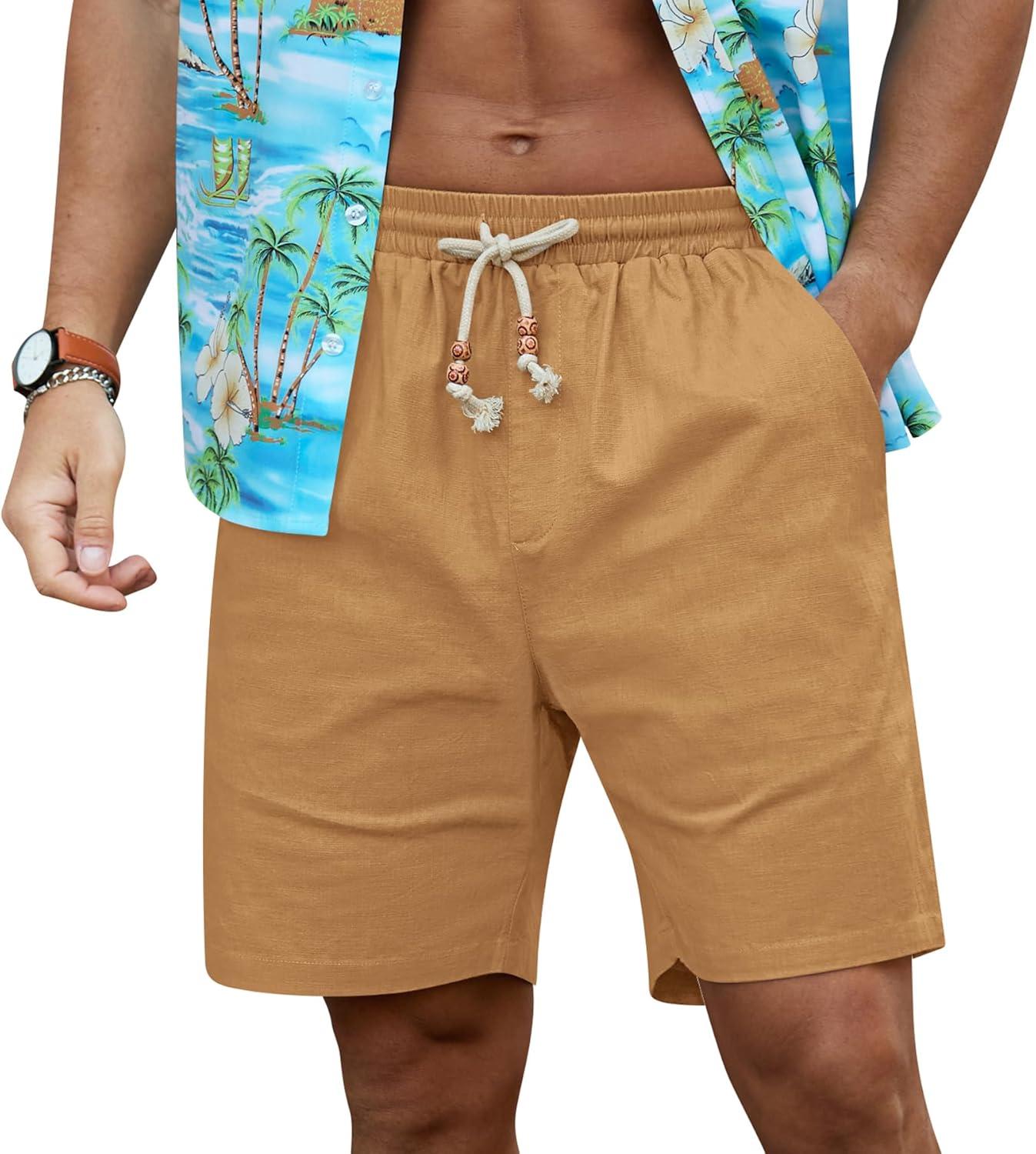 imageNITAGUT Mens Linen Shorts Classic Fit Short Elastic Waist Drawstring Summer Beach ShortsDark Khaki