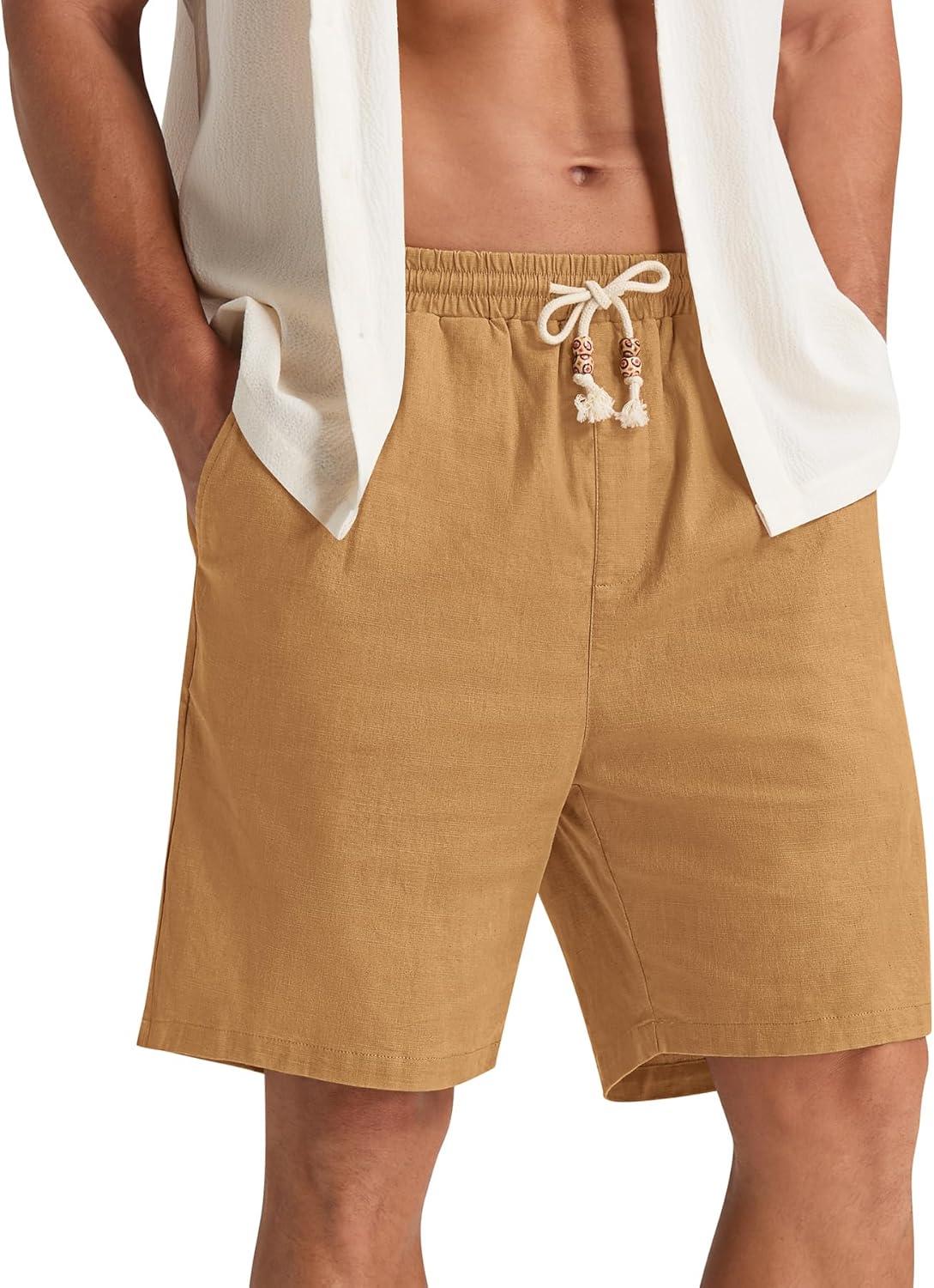 imageNITAGUT Mens Linen Shorts Classic Fit Short Elastic Waist Drawstring Summer Beach ShortsDark Khaki