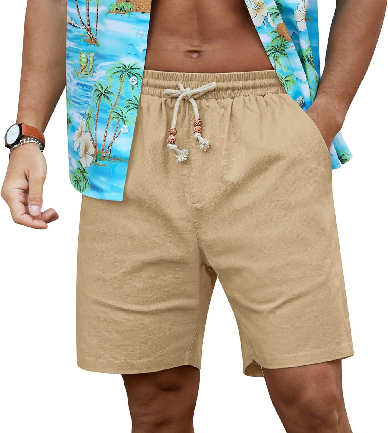 imageNITAGUT Mens Linen Shorts Classic Fit Short Elastic Waist Drawstring Summer Beach ShortsKhaki