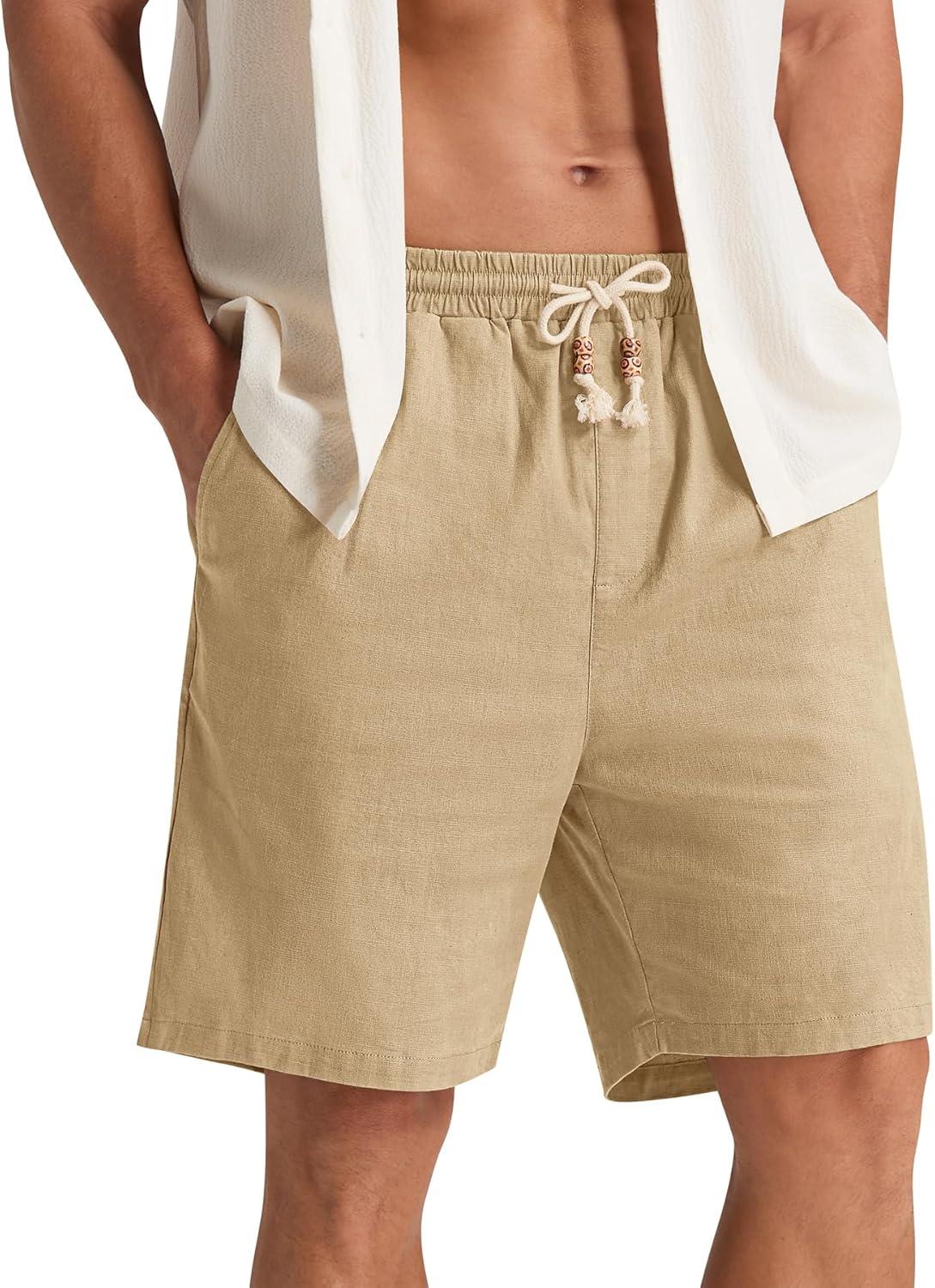 imageNITAGUT Mens Linen Shorts Classic Fit Short Elastic Waist Drawstring Summer Beach ShortsKhaki