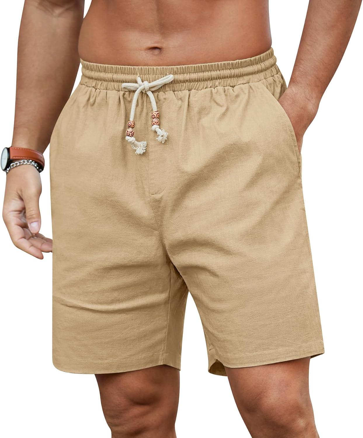 imageNITAGUT Mens Linen Shorts Classic Fit Short Elastic Waist Drawstring Summer Beach ShortsKhaki