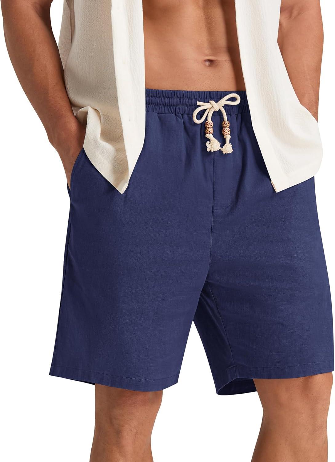 imageNITAGUT Mens Linen Shorts Classic Fit Short Elastic Waist Drawstring Summer Beach ShortsNavy Blue