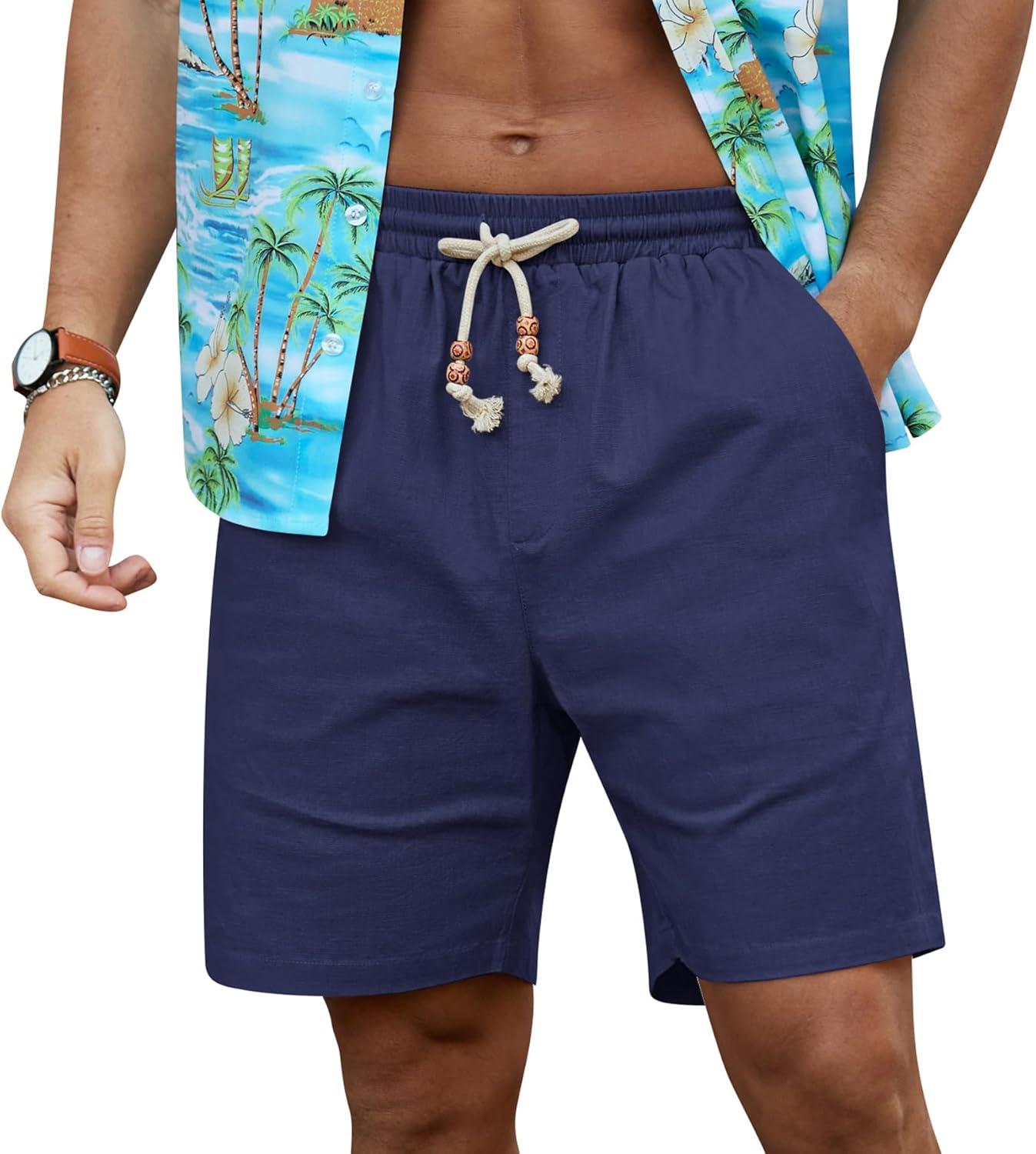 imageNITAGUT Mens Linen Shorts Classic Fit Short Elastic Waist Drawstring Summer Beach ShortsNavy Blue