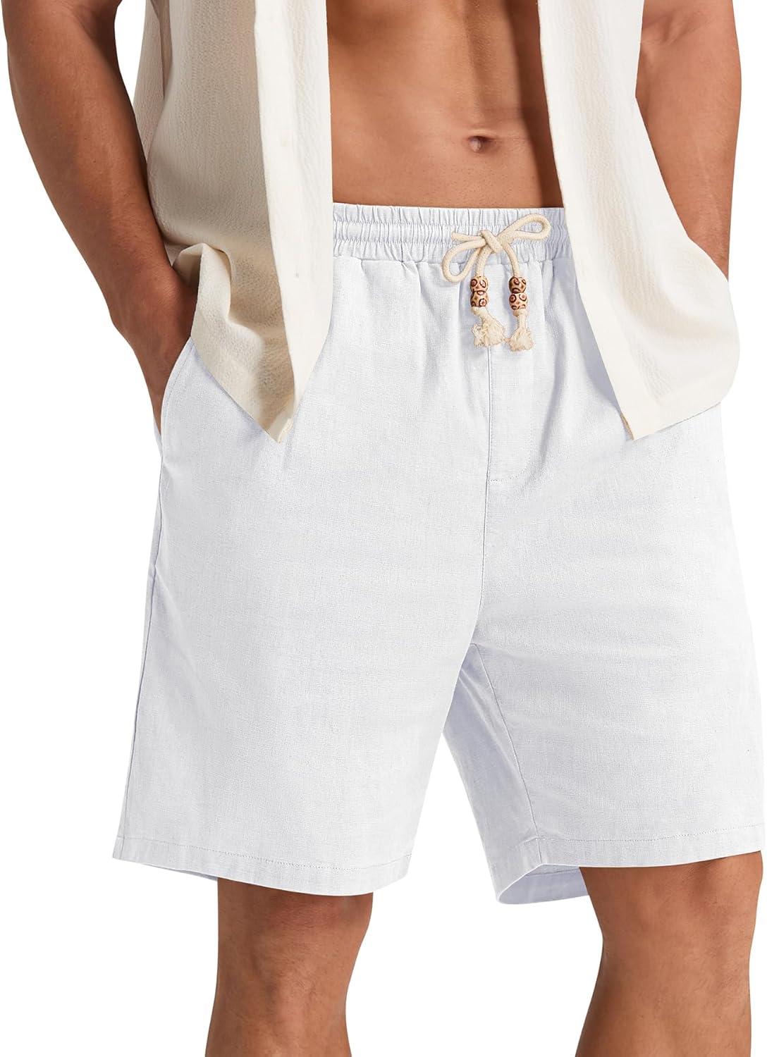 imageNITAGUT Mens Linen Shorts Classic Fit Short Elastic Waist Drawstring Summer Beach ShortsWhite