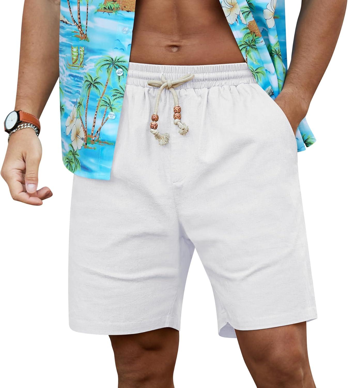 imageNITAGUT Mens Linen Shorts Classic Fit Short Elastic Waist Drawstring Summer Beach ShortsWhite