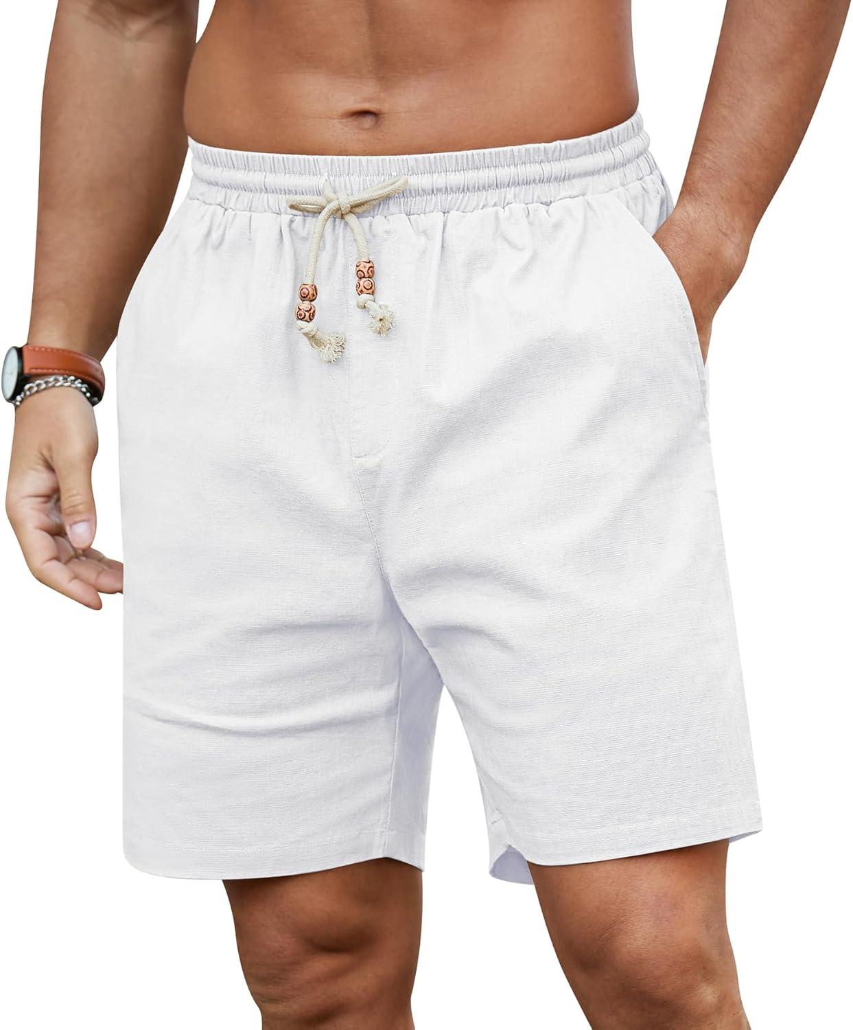 imageNITAGUT Mens Linen Shorts Classic Fit Short Elastic Waist Drawstring Summer Beach ShortsWhite