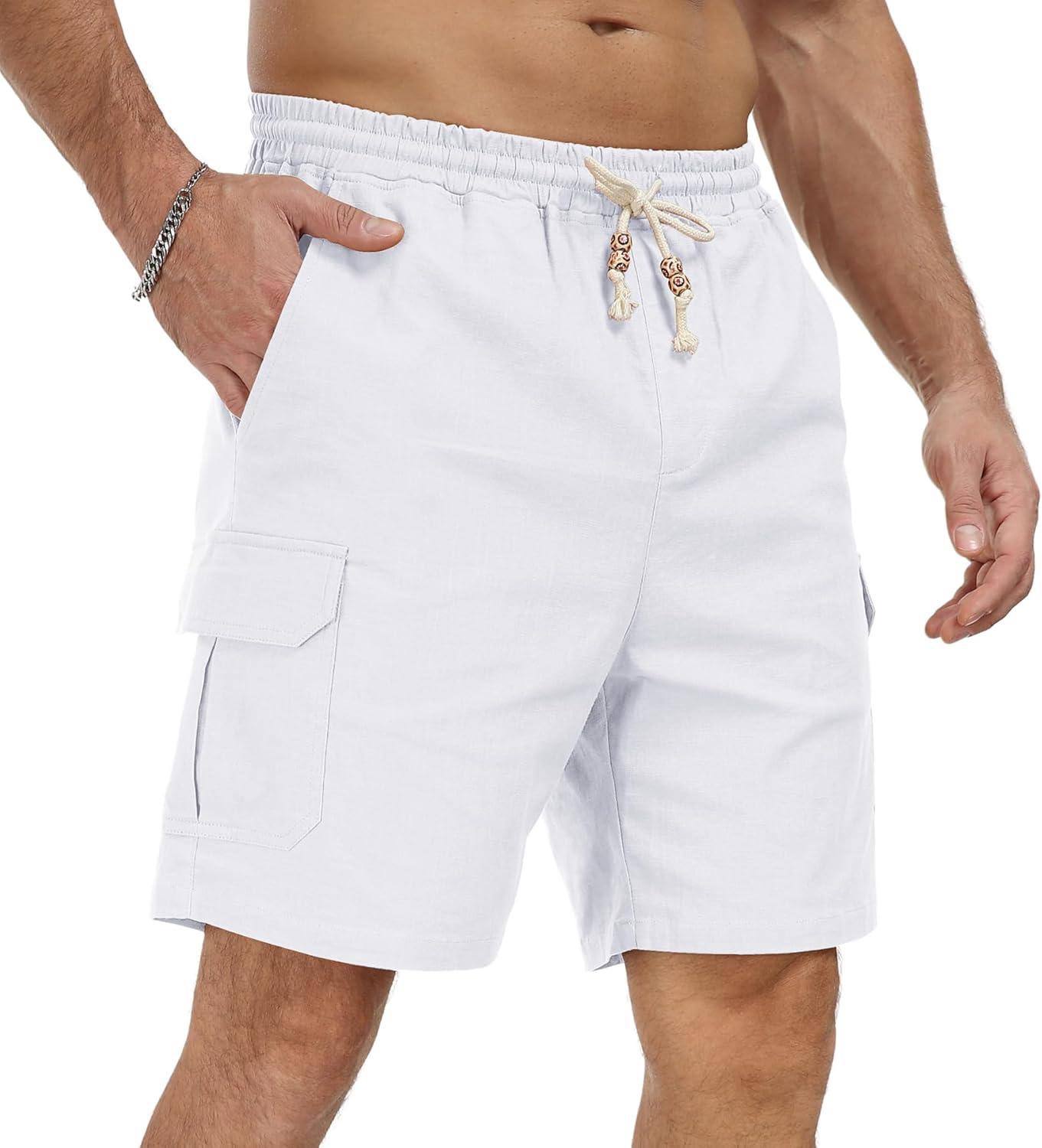 imageNITAGUT Mens Linen Shorts Summer Beach Casual Drawstring Shorts with Multi PocketsWhite