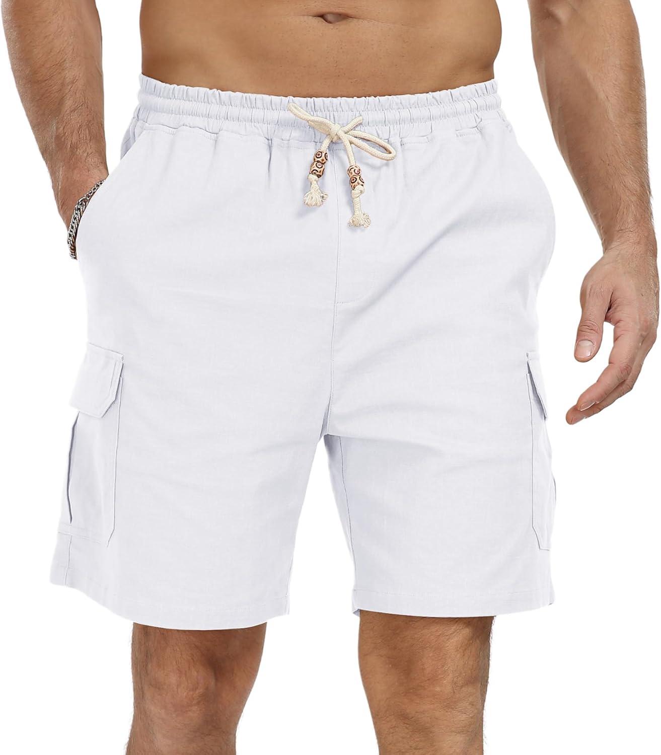 imageNITAGUT Mens Linen Shorts Summer Beach Casual Drawstring Shorts with Multi PocketsWhite