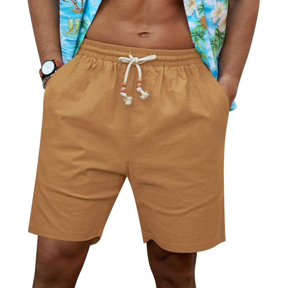 imageNITAGUT Mens Linen Shorts Classic Fit Short Elastic Waist Drawstring Summer Beach ShortsDark Khaki
