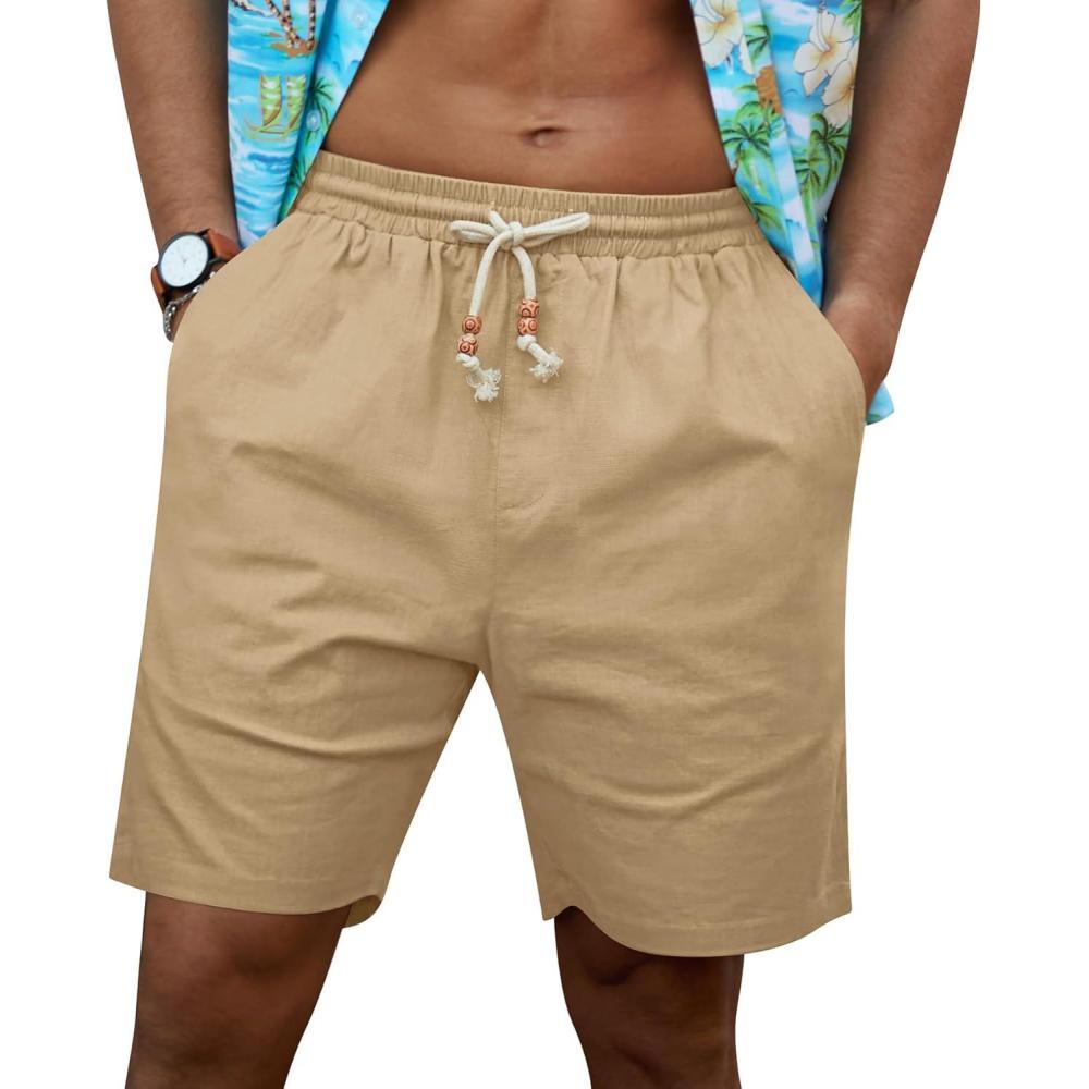 imageNITAGUT Mens Linen Shorts Classic Fit Short Elastic Waist Drawstring Summer Beach ShortsKhaki