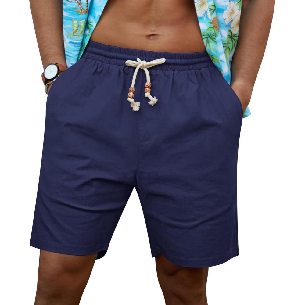 imageNITAGUT Mens Linen Shorts Classic Fit Short Elastic Waist Drawstring Summer Beach ShortsNavy Blue