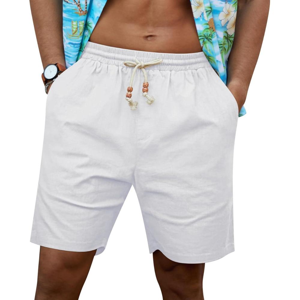 imageNITAGUT Mens Linen Shorts Classic Fit Short Elastic Waist Drawstring Summer Beach ShortsWhite