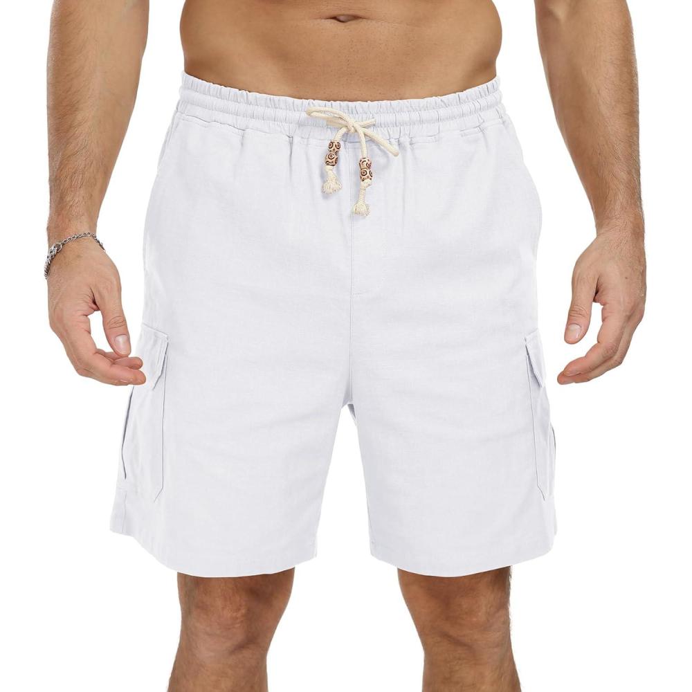 imageNITAGUT Mens Linen Shorts Summer Beach Casual Drawstring Shorts with Multi PocketsWhite