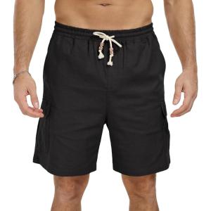 imageNITAGUT Mens Linen Shorts Summer Beach Casual Drawstring Shorts with Multi PocketsBlack