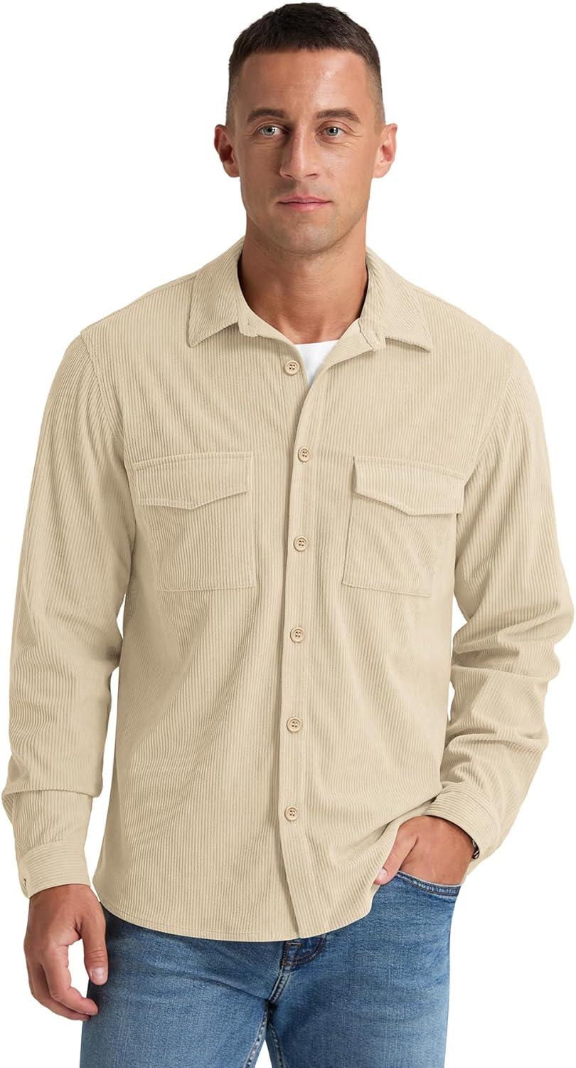 imageNITAGUT Mens Corduroy Shirt Long Sleeve Button Down Work Shirt Jacket with Chest Flap PocketBeige