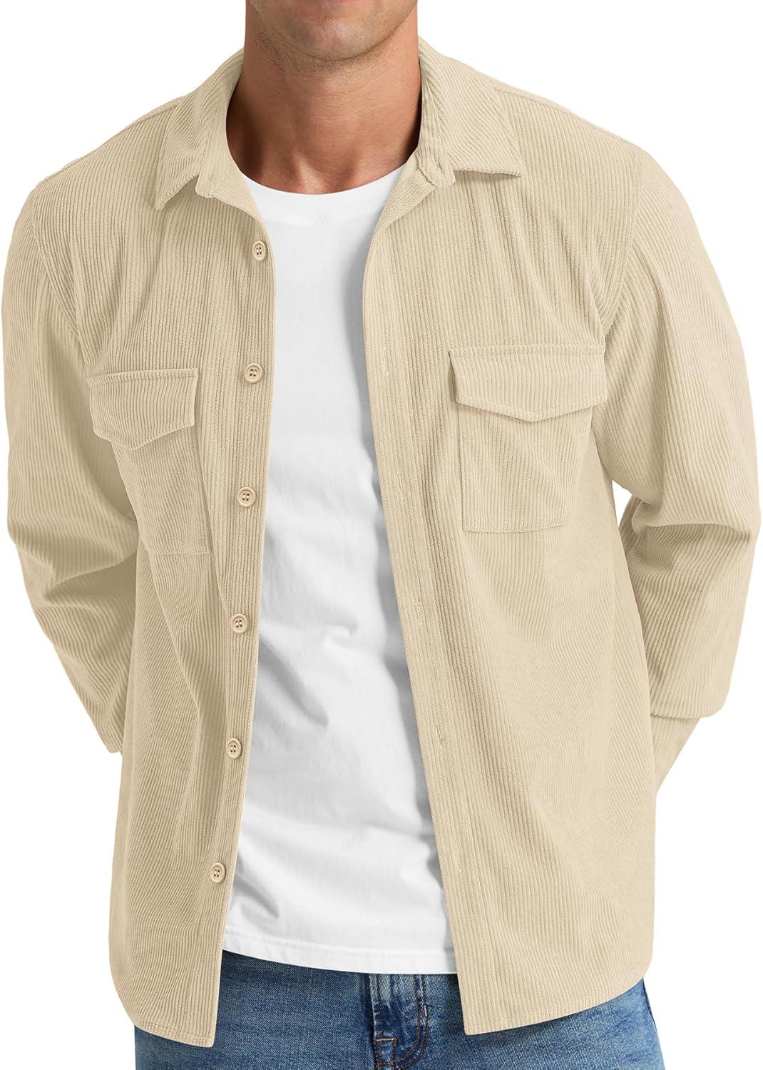 imageNITAGUT Mens Corduroy Shirt Long Sleeve Button Down Work Shirt Jacket with Chest Flap PocketBeige