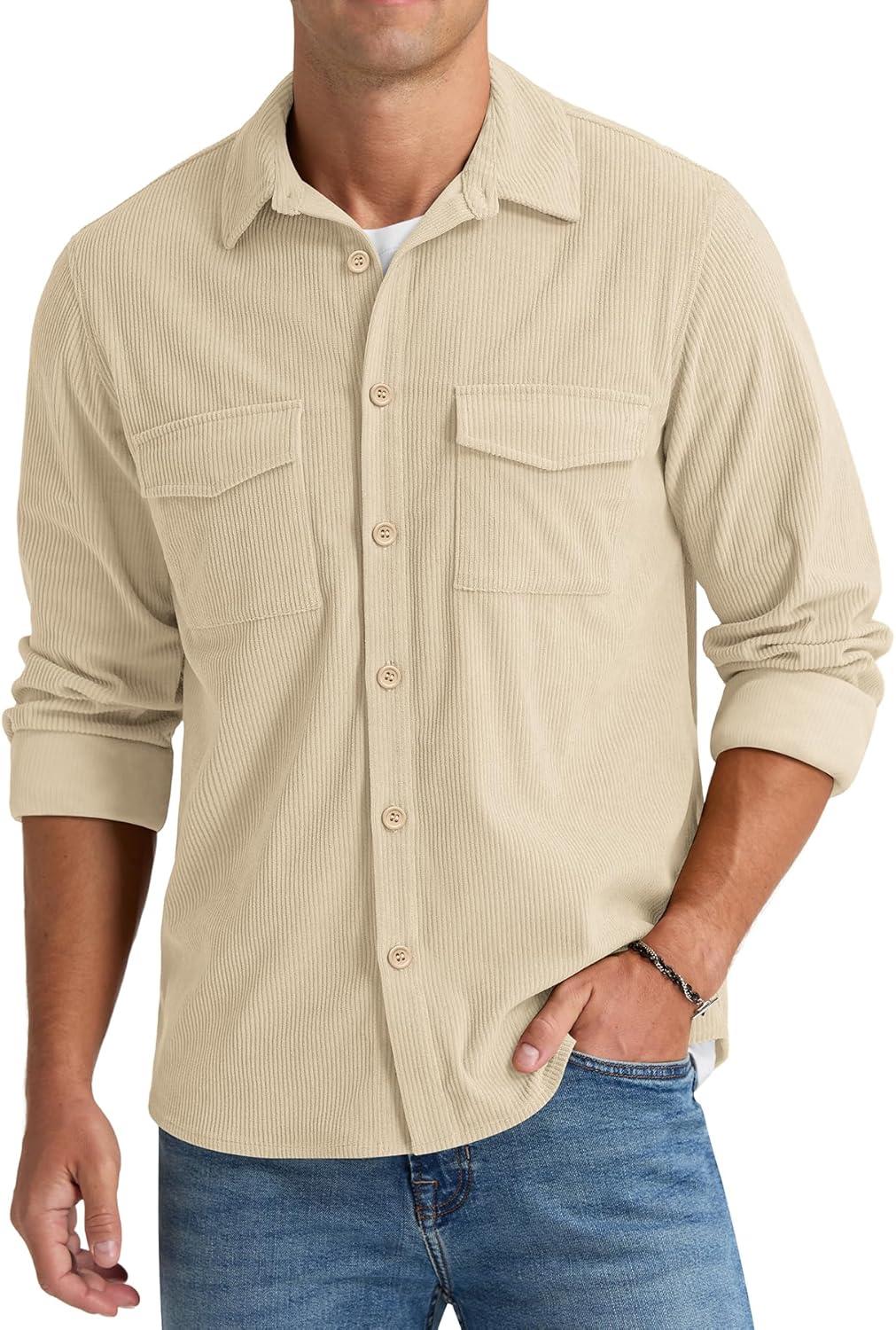 imageNITAGUT Mens Corduroy Shirt Long Sleeve Button Down Work Shirt Jacket with Chest Flap PocketBeige