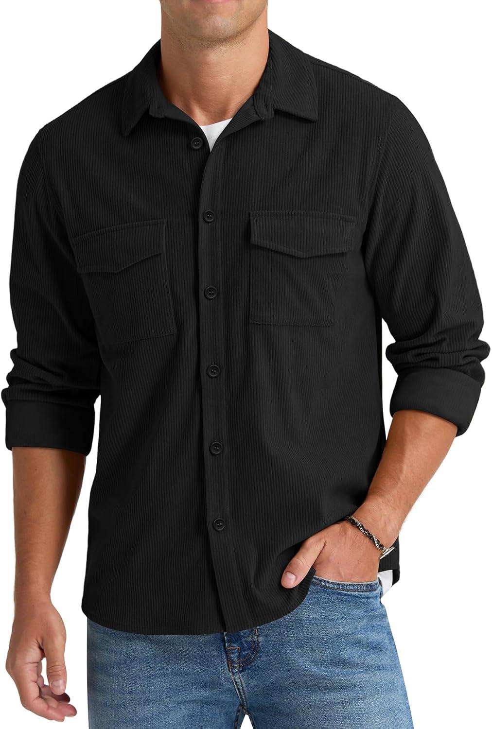 imageNITAGUT Mens Corduroy Shirt Long Sleeve Button Down Work Shirt Jacket with Chest Flap PocketBlack