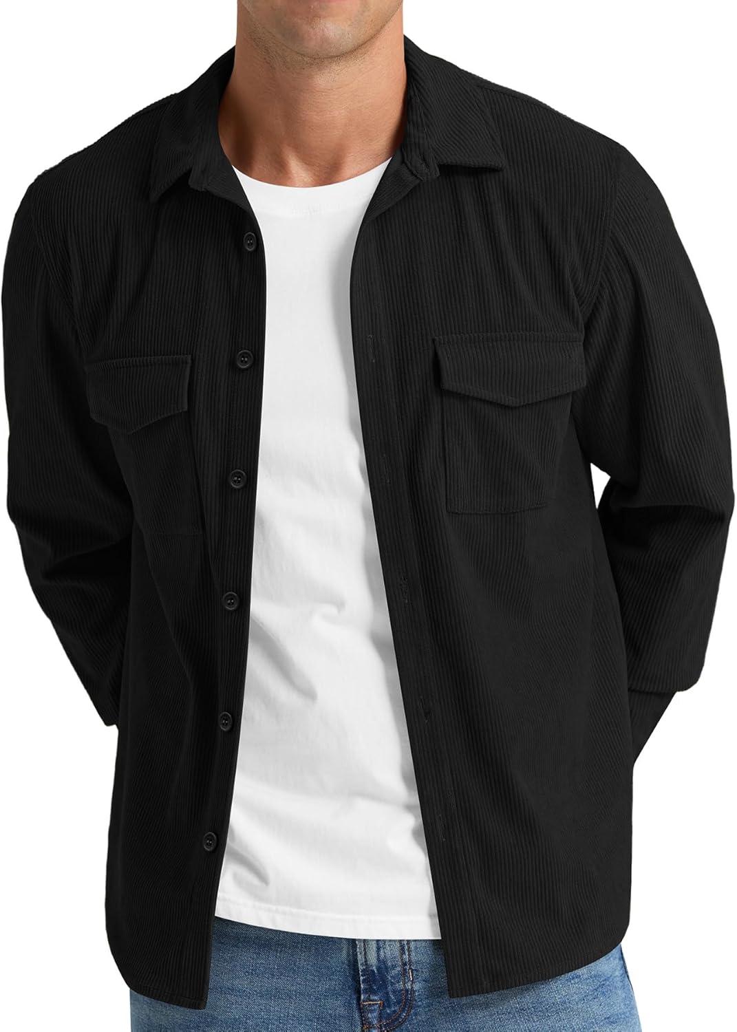 imageNITAGUT Mens Corduroy Shirt Long Sleeve Button Down Work Shirt Jacket with Chest Flap PocketBlack