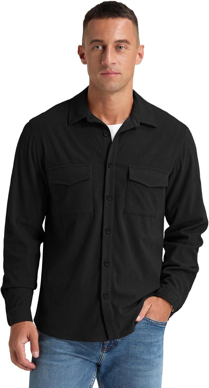 imageNITAGUT Mens Corduroy Shirt Long Sleeve Button Down Work Shirt Jacket with Chest Flap PocketBlack