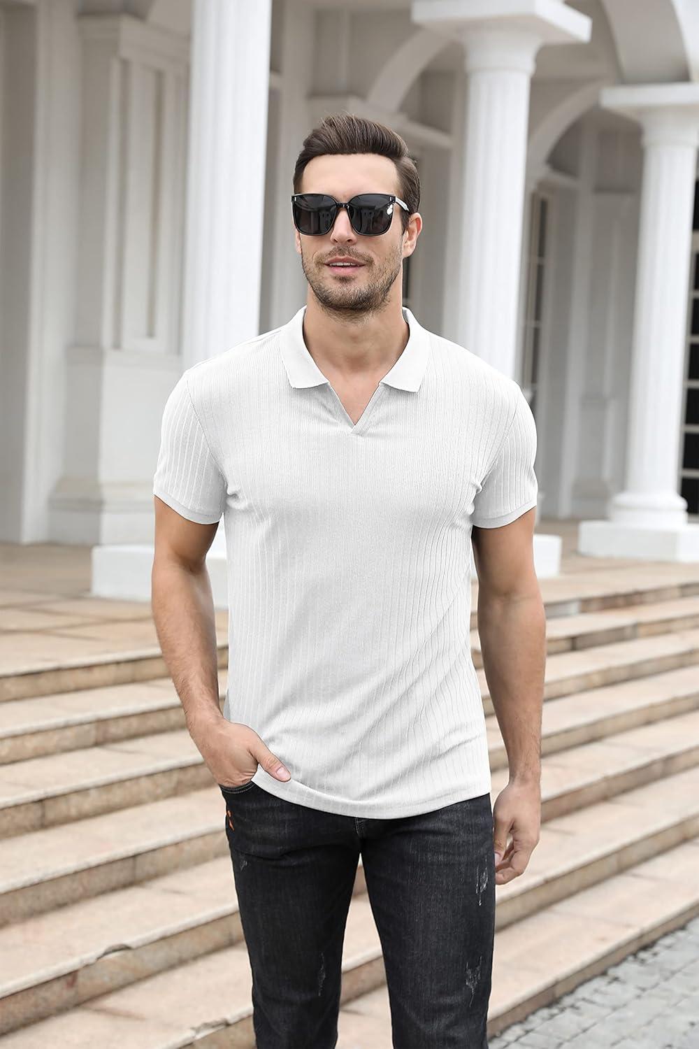 imageNITAGUT Polo Shirts for Men V Neck Slim Fit Short Sleeve Performance Golf Shirt Knit Soft Tees0 White