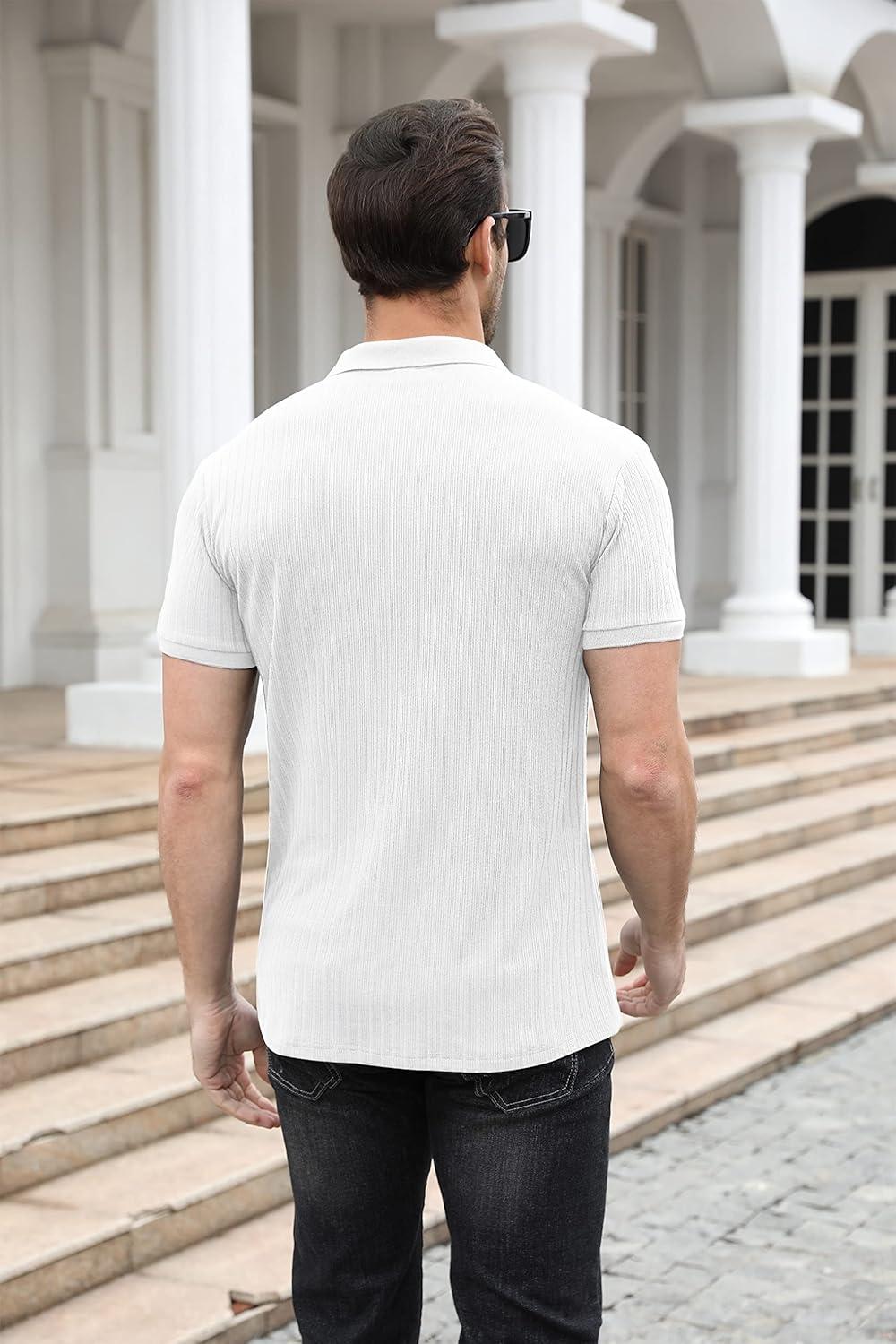 imageNITAGUT Polo Shirts for Men V Neck Slim Fit Short Sleeve Performance Golf Shirt Knit Soft Tees0 White