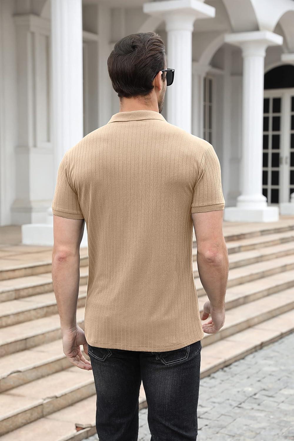 imageNITAGUT Polo Shirts for Men V Neck Slim Fit Short Sleeve Performance Golf Shirt Knit Soft TeesBeige