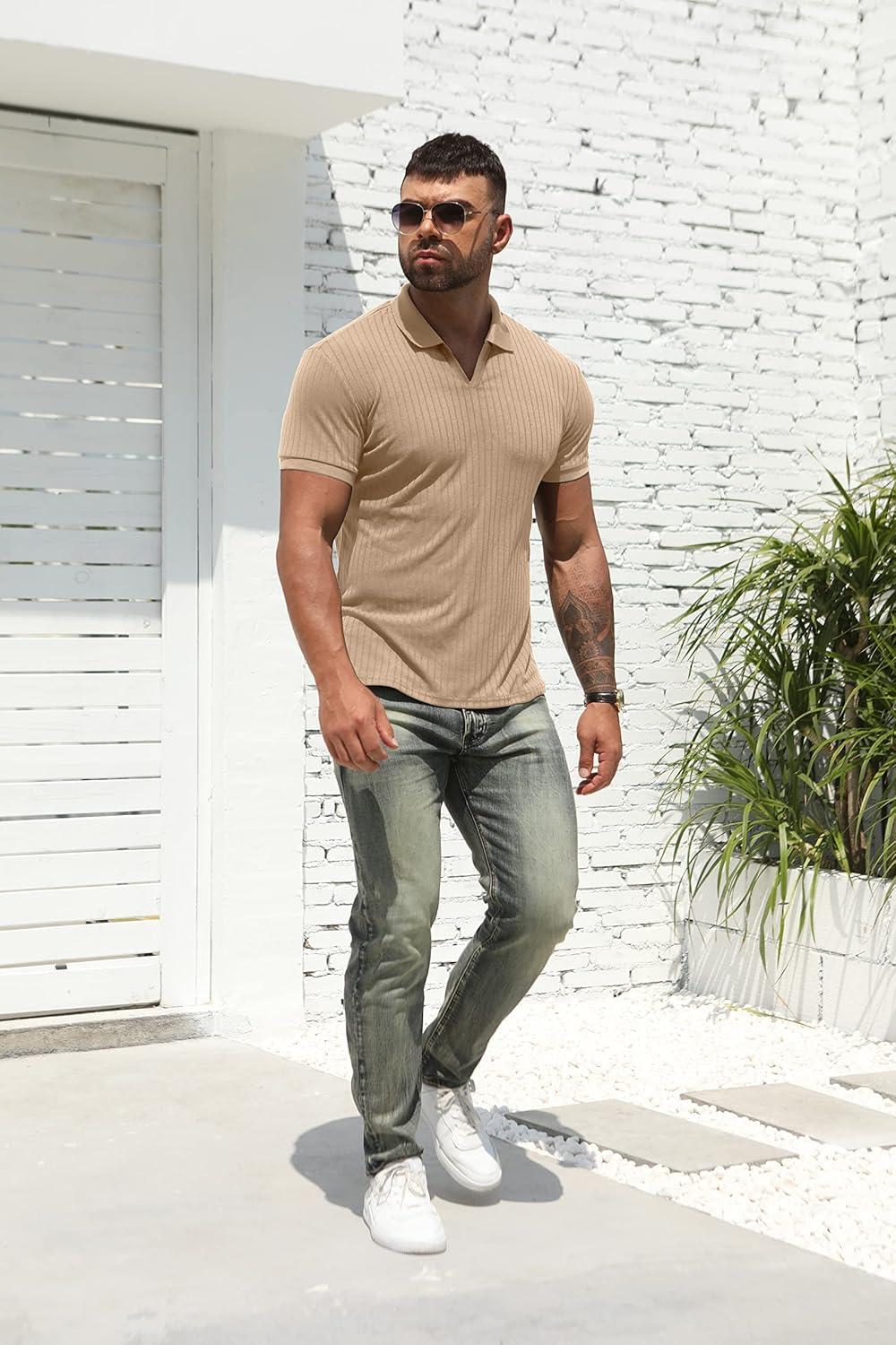 imageNITAGUT Polo Shirts for Men V Neck Slim Fit Short Sleeve Performance Golf Shirt Knit Soft TeesBeige
