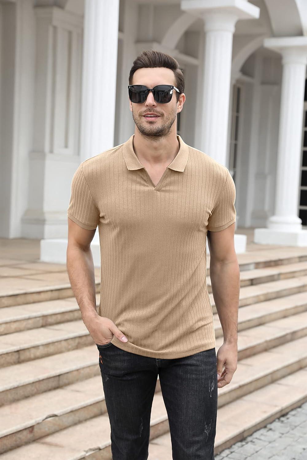 imageNITAGUT Polo Shirts for Men V Neck Slim Fit Short Sleeve Performance Golf Shirt Knit Soft TeesBeige