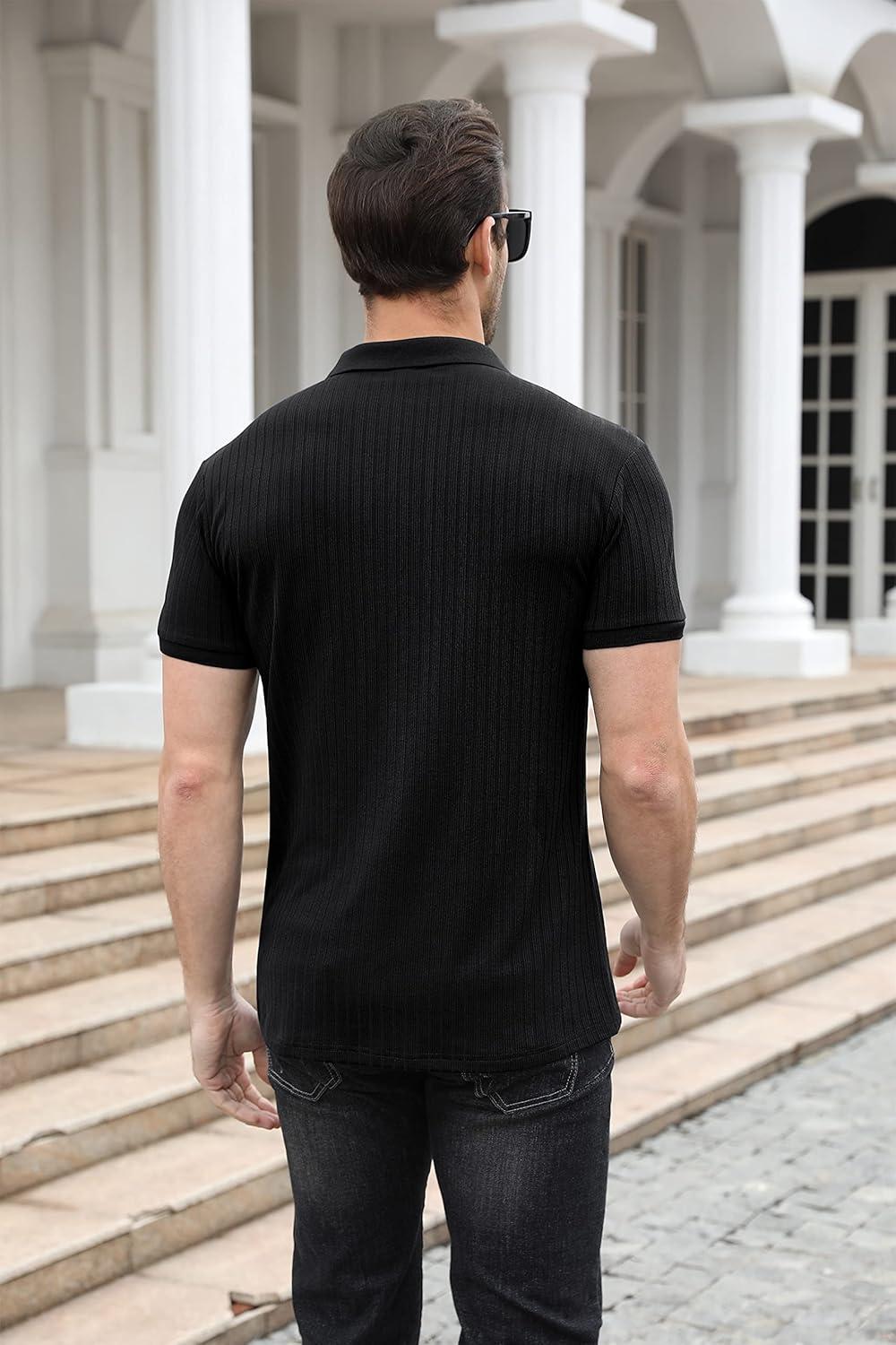 imageNITAGUT Polo Shirts for Men V Neck Slim Fit Short Sleeve Performance Golf Shirt Knit Soft TeesBlack