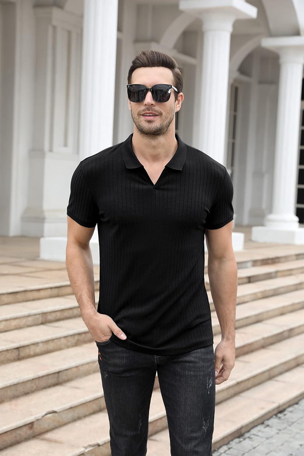 imageNITAGUT Polo Shirts for Men V Neck Slim Fit Short Sleeve Performance Golf Shirt Knit Soft TeesBlack