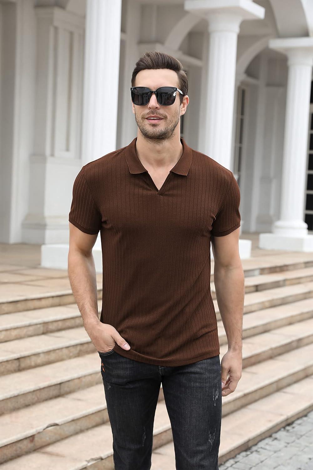 imageNITAGUT Polo Shirts for Men V Neck Slim Fit Short Sleeve Performance Golf Shirt Knit Soft TeesBrown
