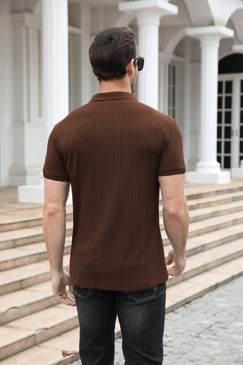 imageNITAGUT Polo Shirts for Men V Neck Slim Fit Short Sleeve Performance Golf Shirt Knit Soft TeesBrown