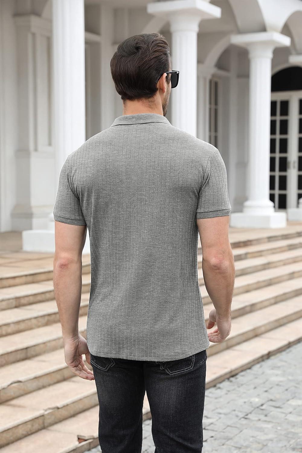 imageNITAGUT Polo Shirts for Men V Neck Slim Fit Short Sleeve Performance Golf Shirt Knit Soft TeesDark Gray
